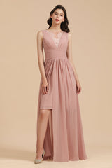 Dusty Rose Chiffon V-Neck Bridesmaid Dress Long-Babyonlines