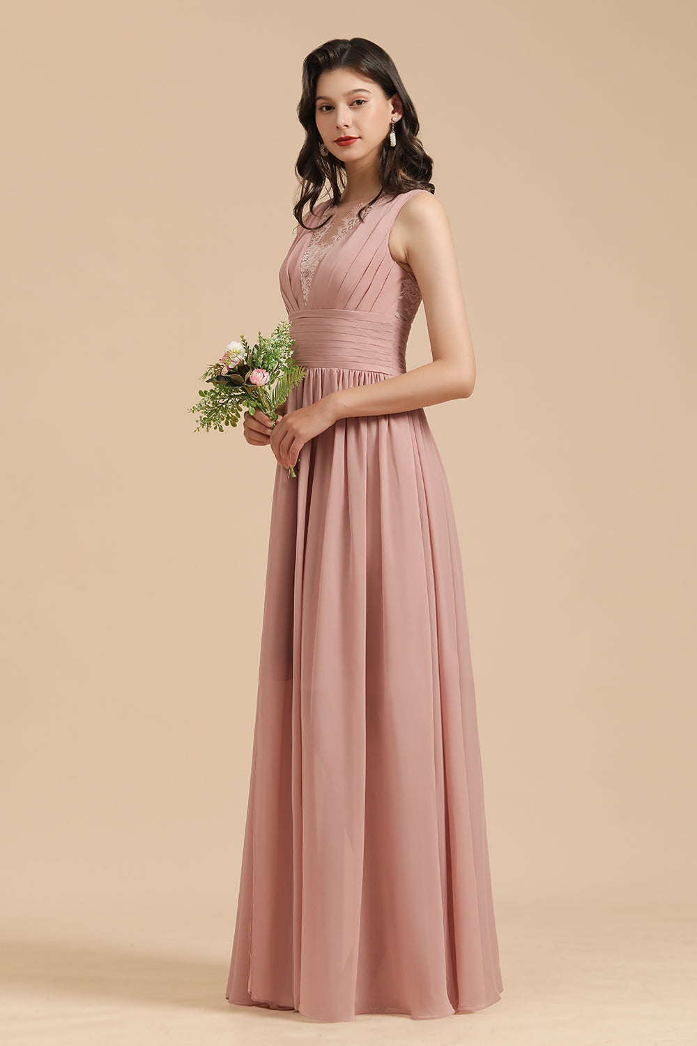 Dusty Rose Chiffon V-Neck Bridesmaid Dress Long-Babyonlines