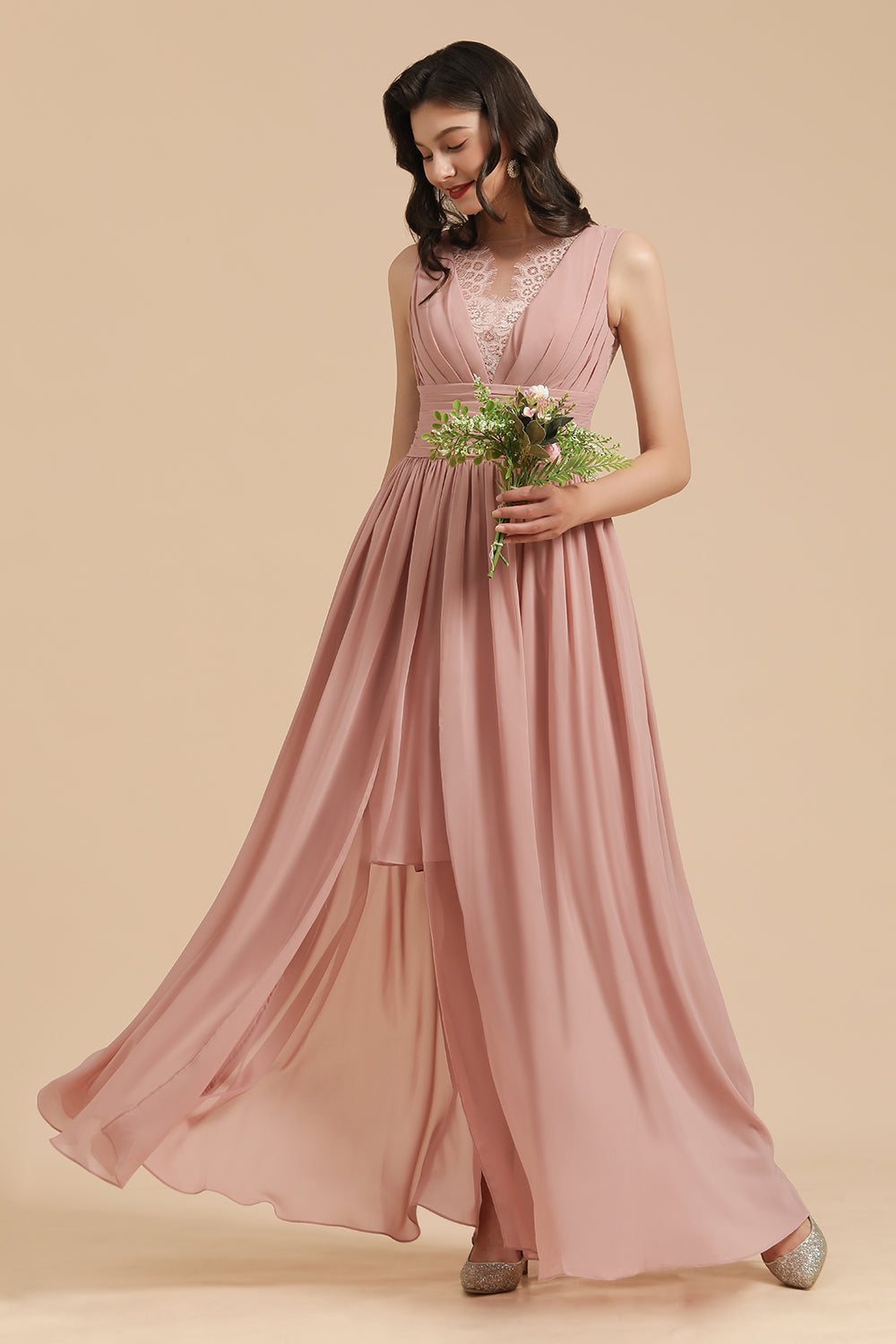 Dusty Rose Chiffon V-Neck Bridesmaid Dress Long-Babyonlines