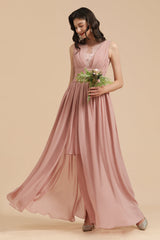 Dusty Rose Chiffon V-Neck Bridesmaid Dress Long-Babyonlines