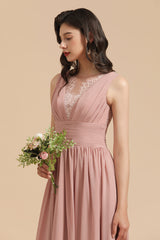 Dusty Rose Chiffon V-Neck Bridesmaid Dress Long-Babyonlines