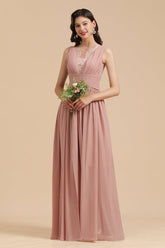 Dusty Rose Chiffon V-Neck Bridesmaid Dress Long-Babyonlines