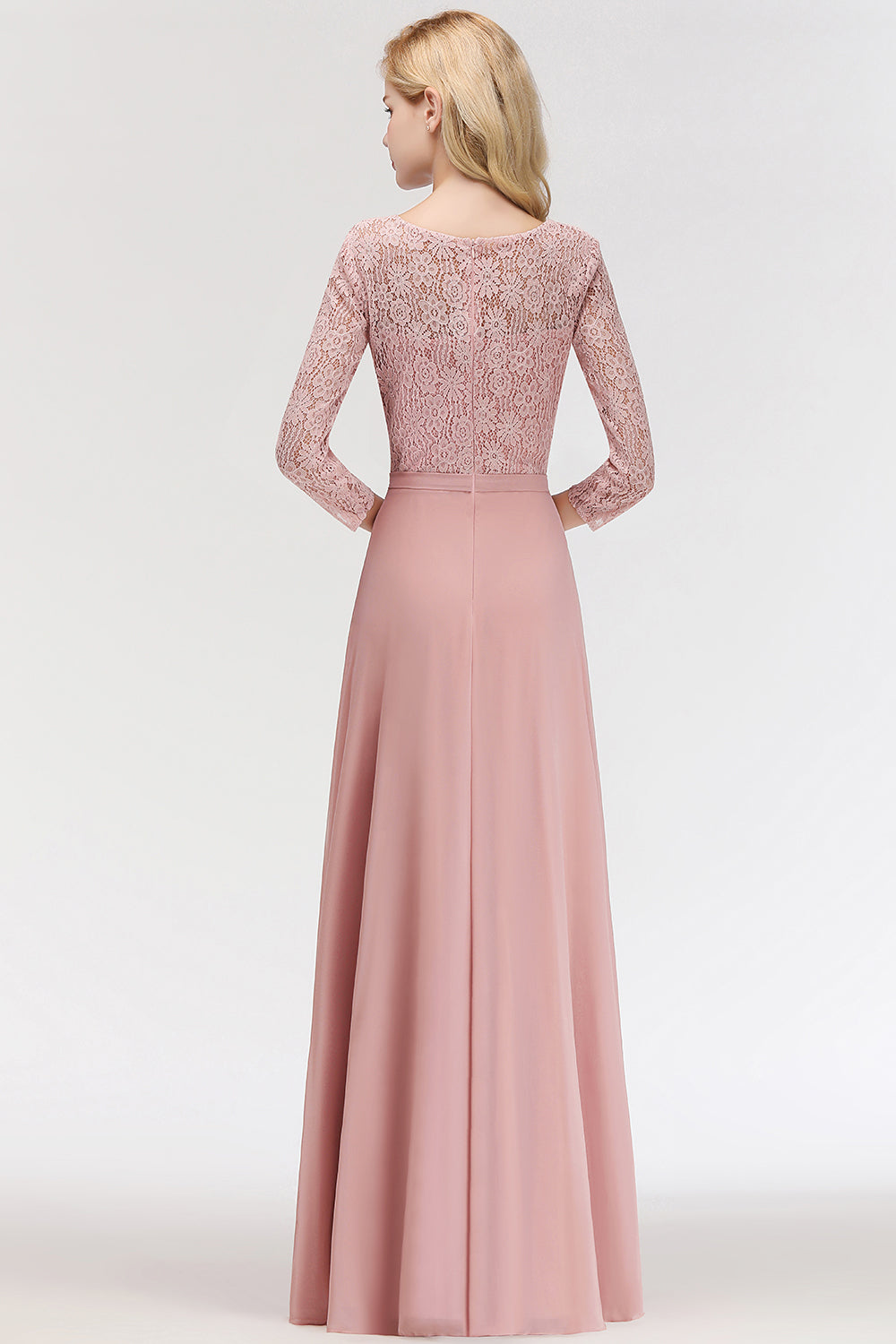 Elegant 3/4 Sleeves Lace Long Dusty Rose Bridesmaid Dresses Online-Babyonlines