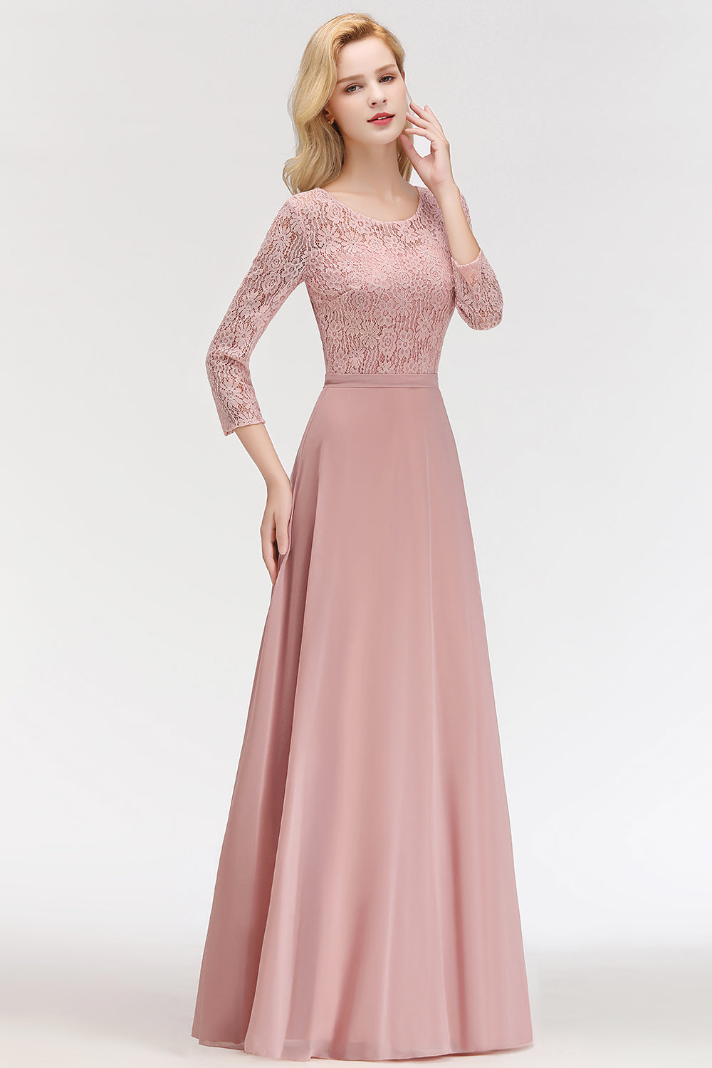 Elegant 3/4 Sleeves Lace Long Dusty Rose Bridesmaid Dresses Online-Babyonlines
