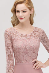 Elegant 3/4 Sleeves Lace Long Dusty Rose Bridesmaid Dresses Online-Babyonlines