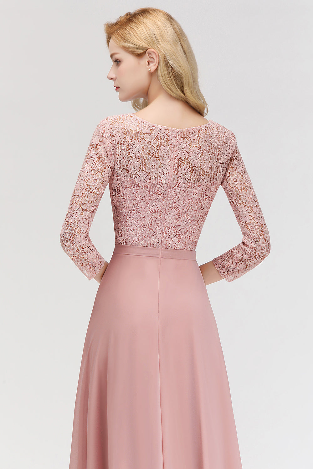 Elegant 3/4 Sleeves Lace Long Dusty Rose Bridesmaid Dresses Online-Babyonlines
