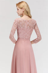 Elegant 3/4 Sleeves Lace Long Dusty Rose Bridesmaid Dresses Online-Babyonlines