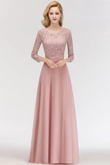 Elegant 3/4 Sleeves Lace Long Dusty Rose Bridesmaid Dresses Online-Babyonlines