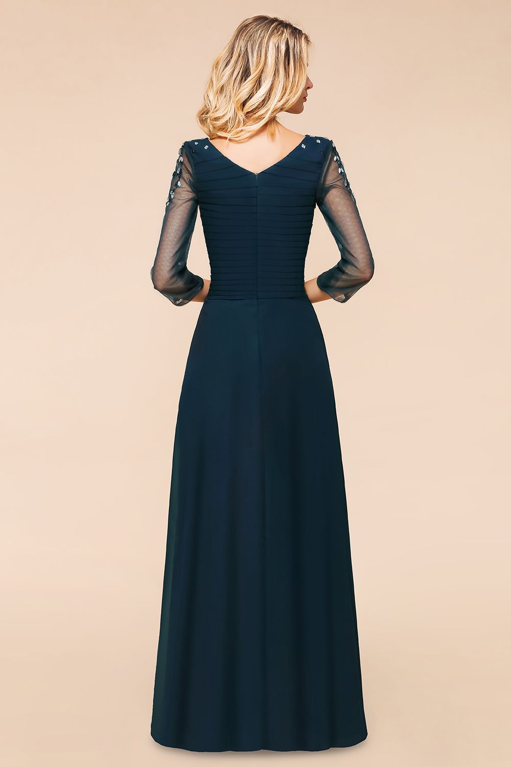 Elegant 3/4 Sleeves Ruffle Navy Chiffon Bridesmaid Dresses with Beadings-Babyonlines