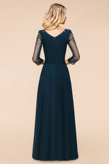 Elegant 3/4 Sleeves Ruffle Navy Chiffon Bridesmaid Dresses with Beadings-Babyonlines