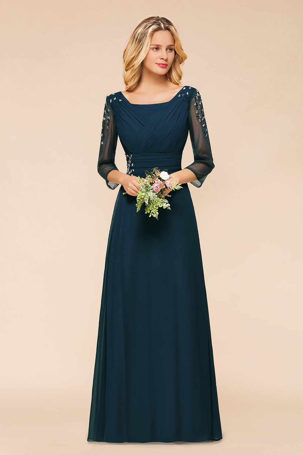 Elegant 3/4 Sleeves Ruffle Navy Chiffon Bridesmaid Dresses with Beadings-Babyonlines