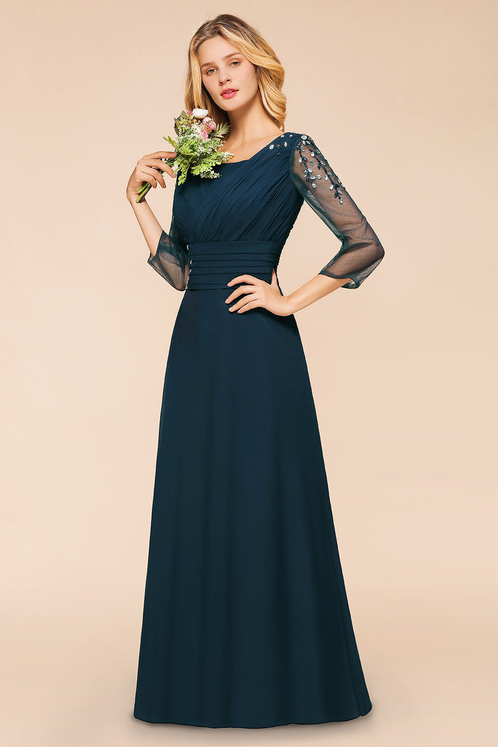 Elegant 3/4 Sleeves Ruffle Navy Chiffon Bridesmaid Dresses with Beadings-Babyonlines