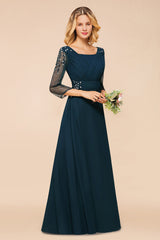 Elegant 3/4 Sleeves Ruffle Navy Chiffon Bridesmaid Dresses with Beadings-Babyonlines