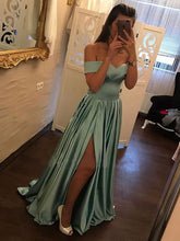 Elegant A-line Off-the-shoulder Satin Prom Dress with Split Front and Sweep Train