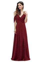 Elegant A-line Off-the-Shoulder V-neck Ruched Long Bridesmaid Dress-Babyonlines