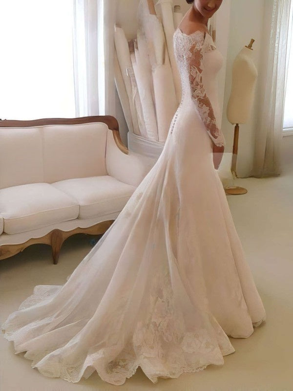 Elegant A-line Off-the-shoulder Wedding Dresses With Tulle Sweep Train and Appliques Lace