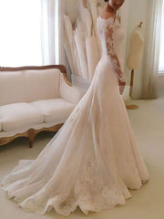 Elegant A-line Off-the-shoulder Wedding Dresses With Tulle Sweep Train and Appliques Lace