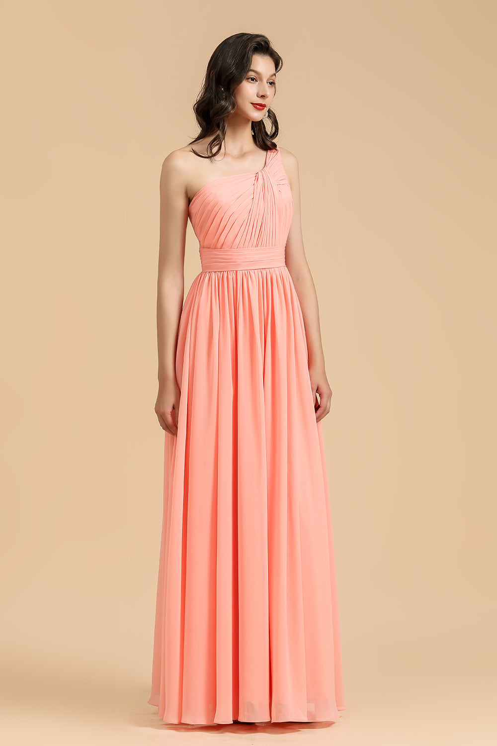 Elegant A-line One Shoulder Coral Chiffon Long Bridesmaid Dress-Babyonlines