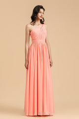 Elegant A-line One Shoulder Coral Chiffon Long Bridesmaid Dress-Babyonlines