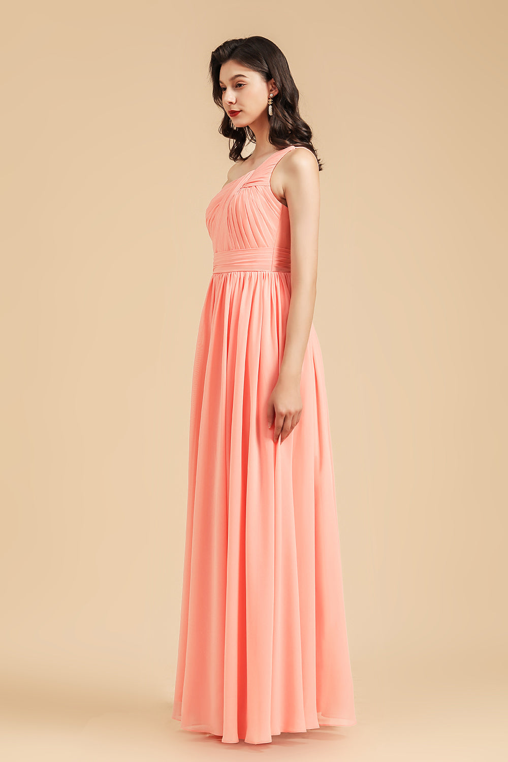 Elegant A-line One Shoulder Coral Chiffon Long Bridesmaid Dress-Babyonlines