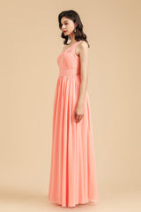 Elegant A-line One Shoulder Coral Chiffon Long Bridesmaid Dress-Babyonlines