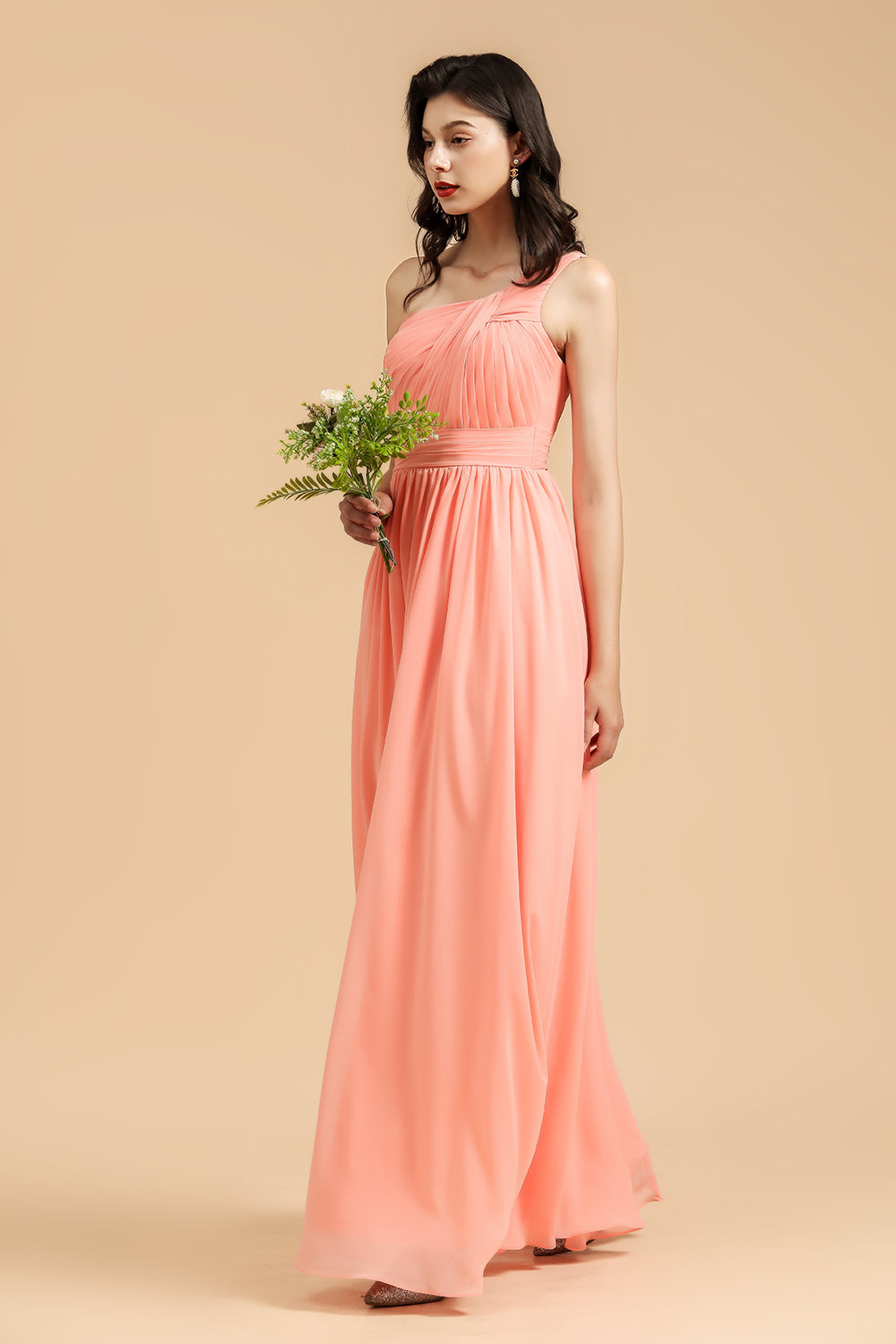 Elegant A-line One Shoulder Coral Chiffon Long Bridesmaid Dress-Babyonlines