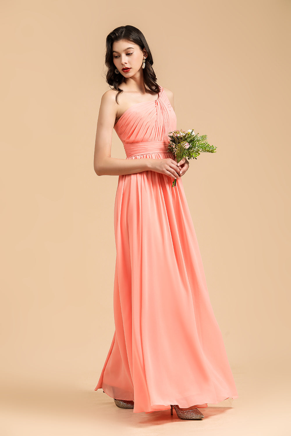 Elegant A-line One Shoulder Coral Chiffon Long Bridesmaid Dress-Babyonlines