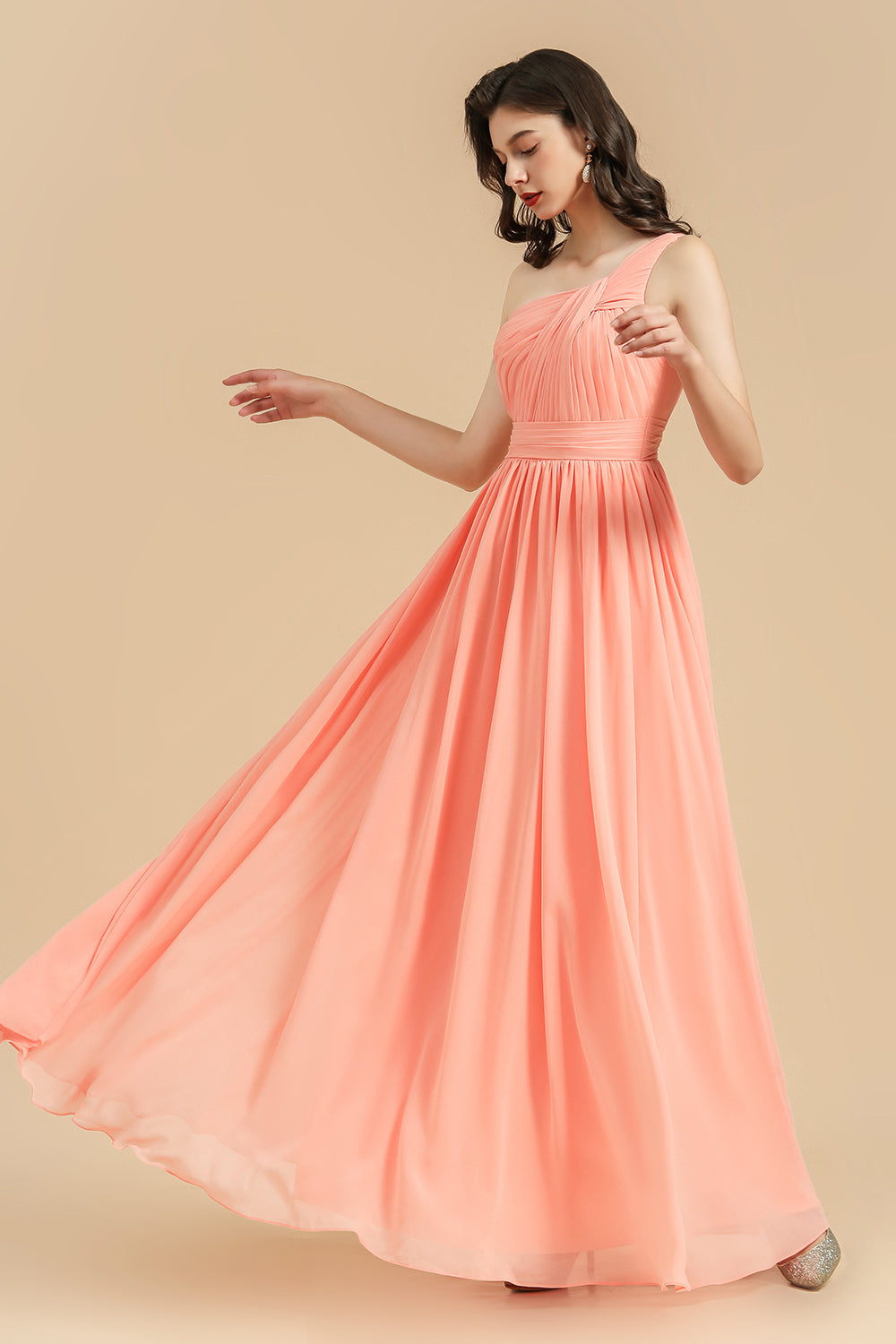 Elegant A-line One Shoulder Coral Chiffon Long Bridesmaid Dress-Babyonlines