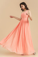 Elegant A-line One Shoulder Coral Chiffon Long Bridesmaid Dress-Babyonlines
