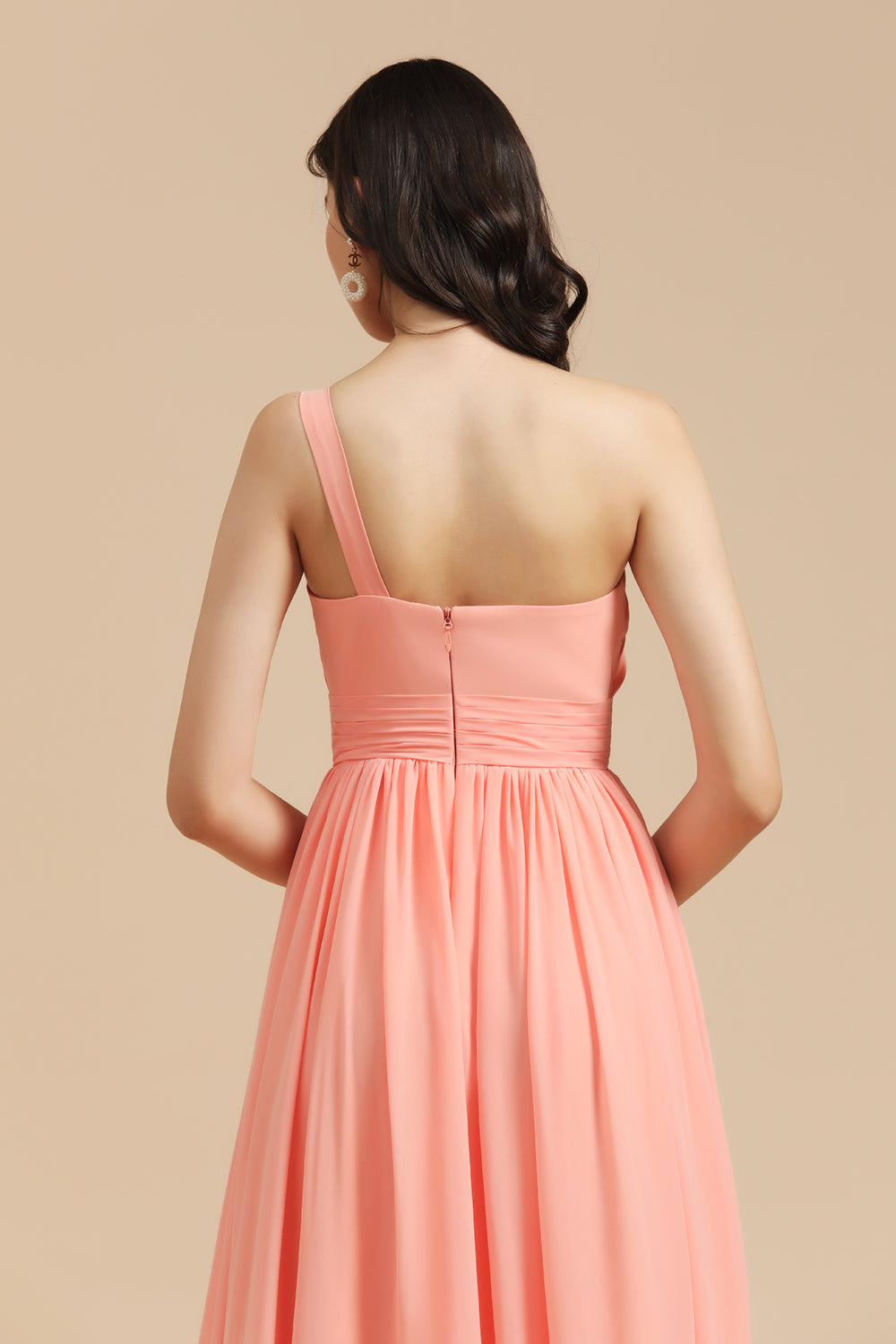Elegant A-line One Shoulder Coral Chiffon Long Bridesmaid Dress-Babyonlines