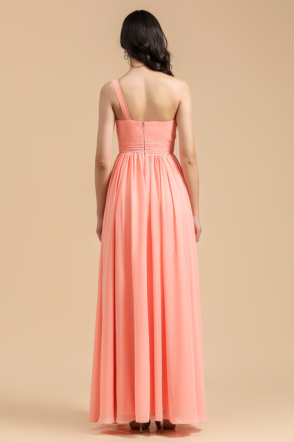 Elegant A-line One Shoulder Coral Chiffon Long Bridesmaid Dress-Babyonlines