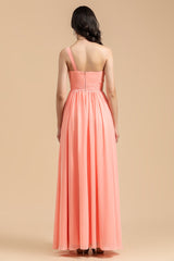 Elegant A-line One Shoulder Coral Chiffon Long Bridesmaid Dress-Babyonlines