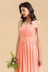 Elegant A-line One Shoulder Coral Chiffon Long Bridesmaid Dress-Babyonlines
