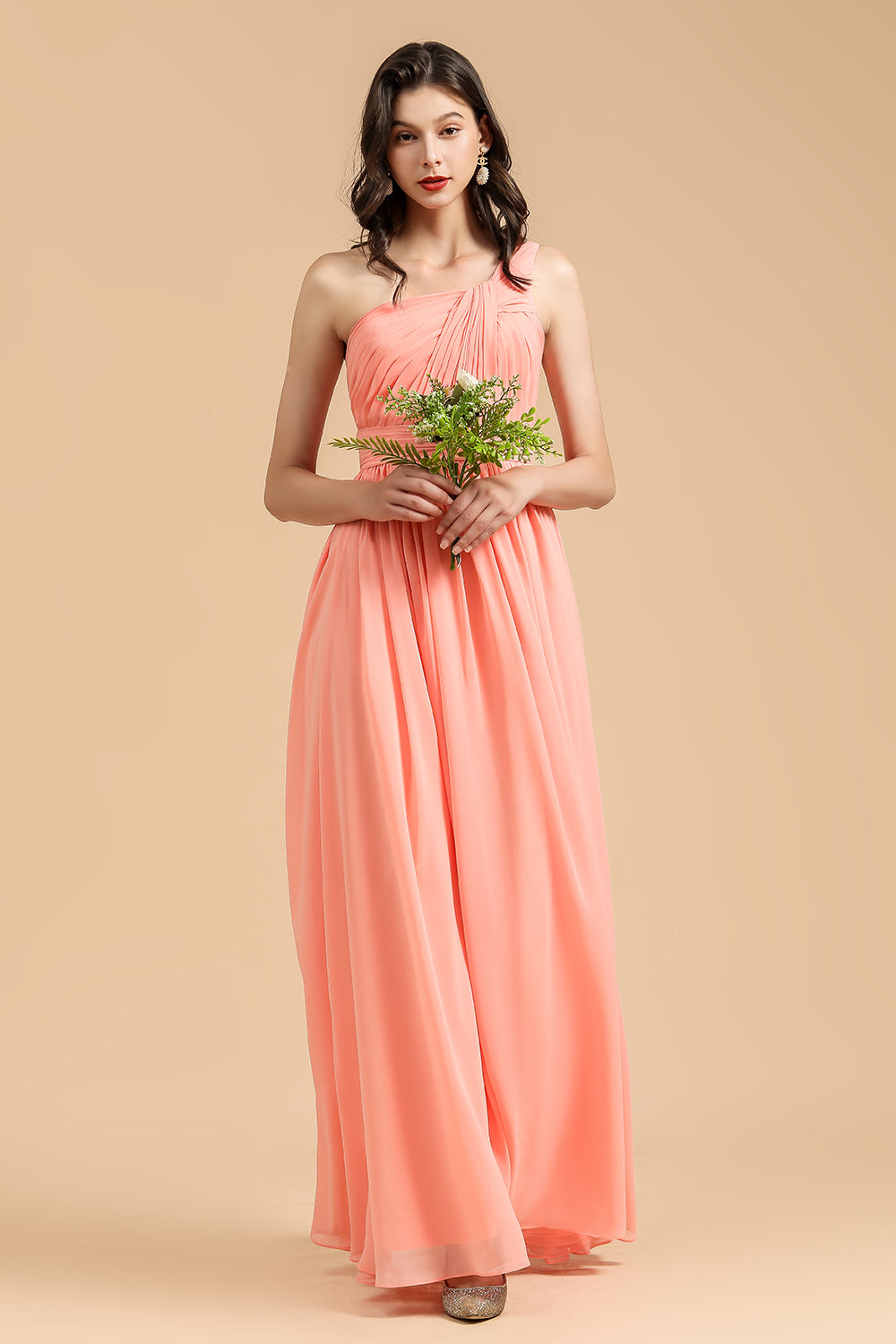 Elegant A-line One Shoulder Coral Chiffon Long Bridesmaid Dress-Babyonlines