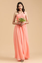 Elegant A-line One Shoulder Coral Chiffon Long Bridesmaid Dress-Babyonlines