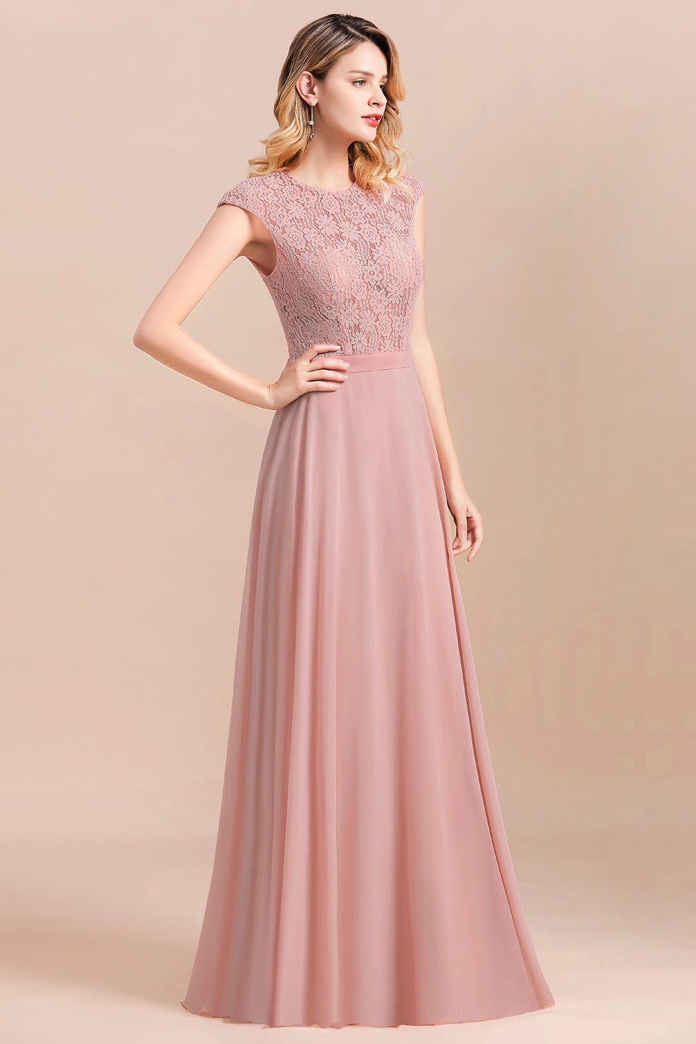 Elegant A-Line Sleeveless Dusty Rose Lace Bridesmaid Dress Online-Babyonlines