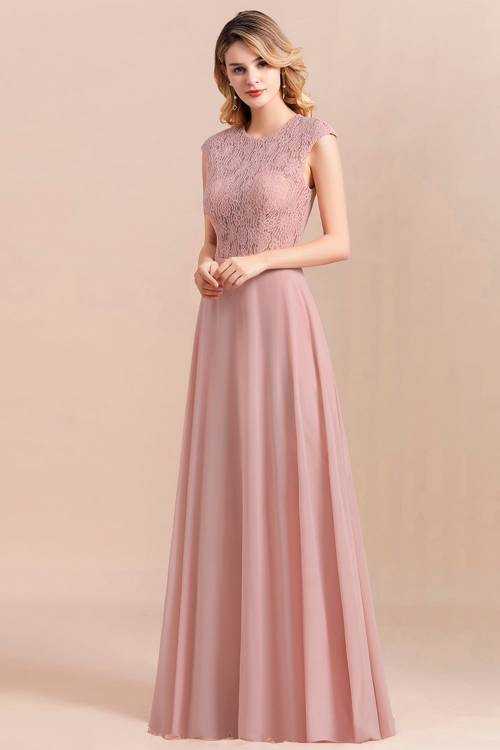 Elegant A-Line Sleeveless Dusty Rose Lace Bridesmaid Dress Online-Babyonlines