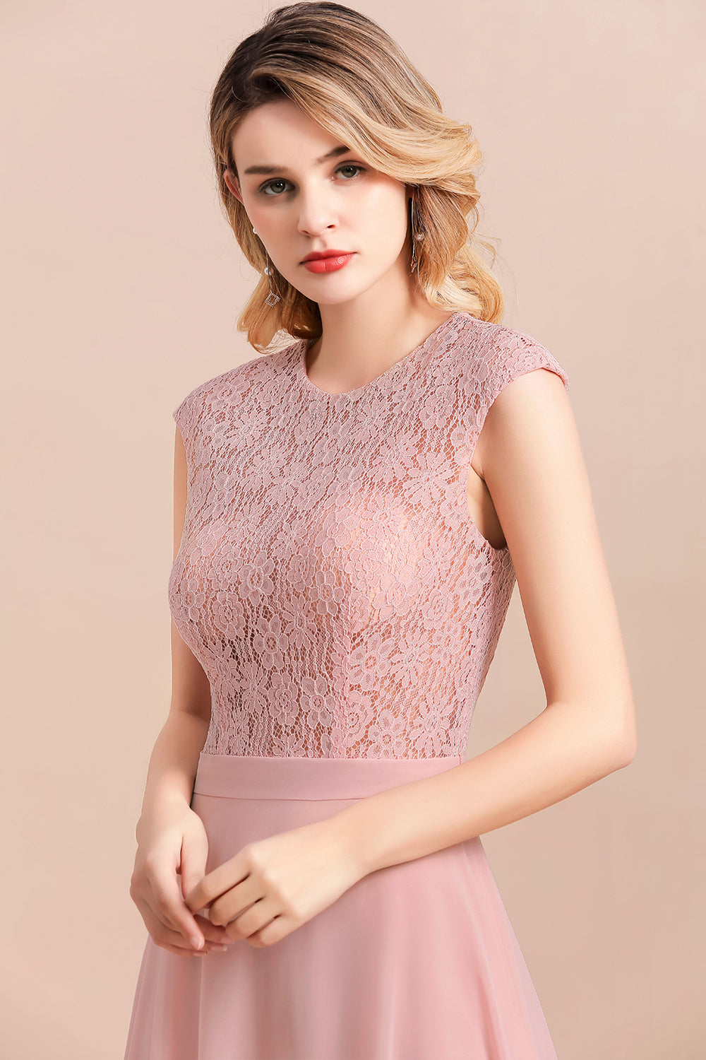 Elegant A-Line Sleeveless Dusty Rose Lace Bridesmaid Dress Online-Babyonlines