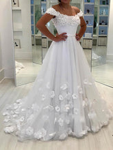 Elegant Ball Gown Off-the-shoulder Tulle Sweep Train Wedding Dress with Flower(s)