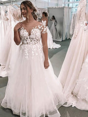 Elegant Ball Gown Wedding Dress With Illusion Tulle and Appliques Lace
