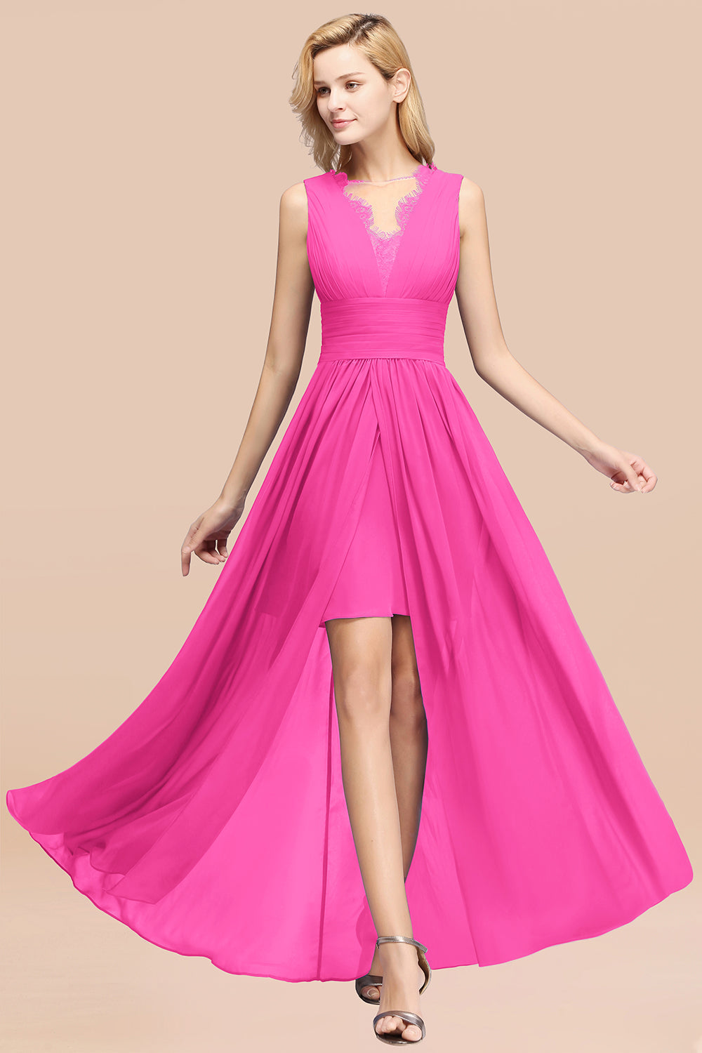 Elegant Chiffon Lace Jewel Sleeveless Bridesmaid Dress with Ruffle-Babyonlines