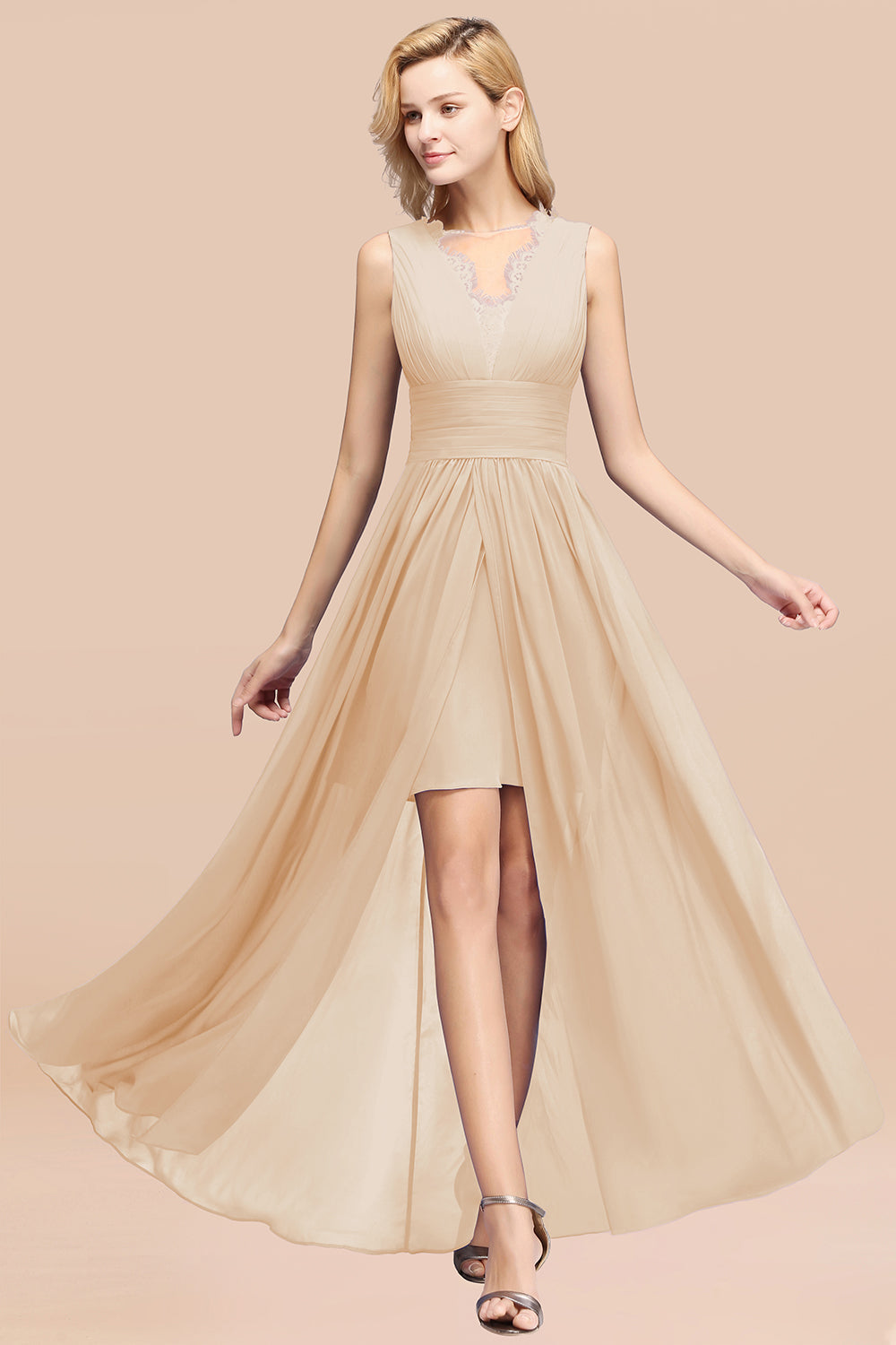 Elegant Chiffon Lace Jewel Sleeveless Bridesmaid Dress with Ruffle-Babyonlines