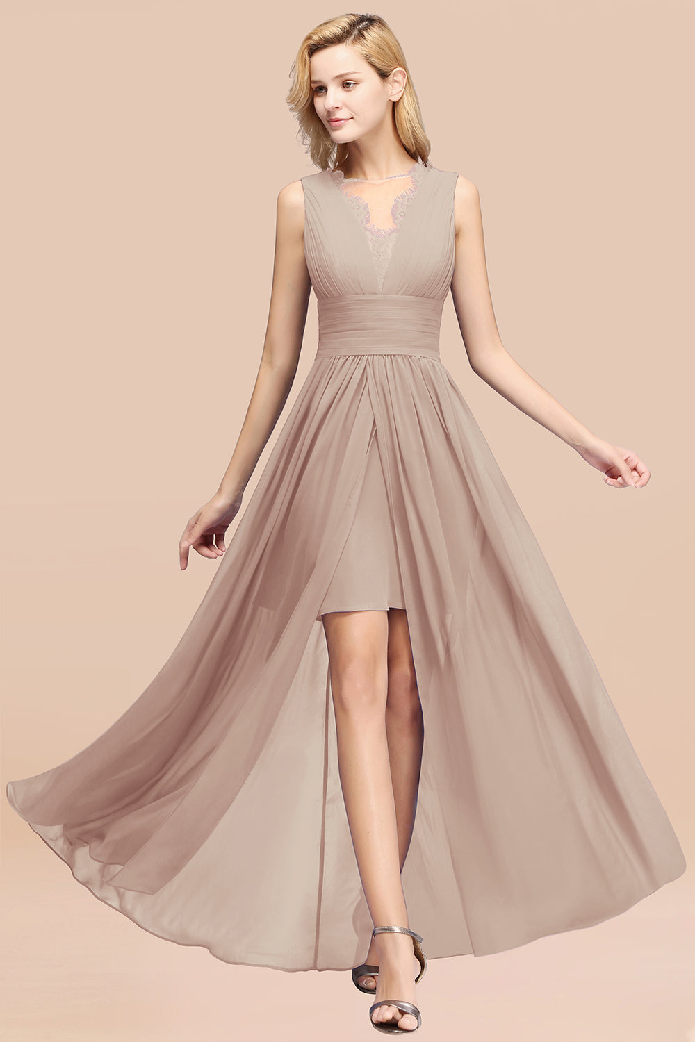 Elegant Chiffon Lace Jewel Sleeveless Bridesmaid Dress with Ruffle-Babyonlines