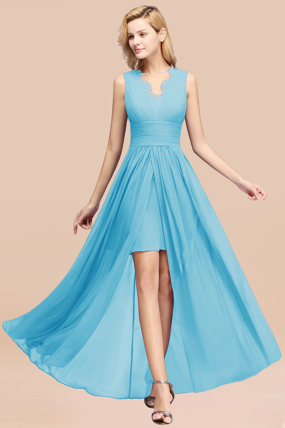Elegant Chiffon Lace Jewel Sleeveless Bridesmaid Dress with Ruffle-Babyonlines