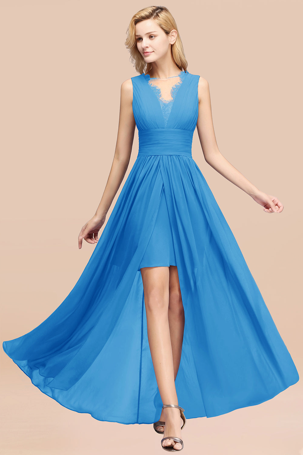 Elegant Chiffon Lace Jewel Sleeveless Bridesmaid Dress with Ruffle-Babyonlines