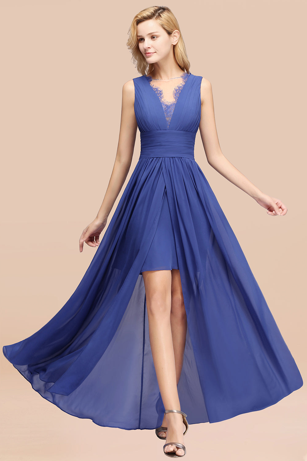 Elegant Chiffon Lace Jewel Sleeveless Bridesmaid Dress with Ruffle-Babyonlines