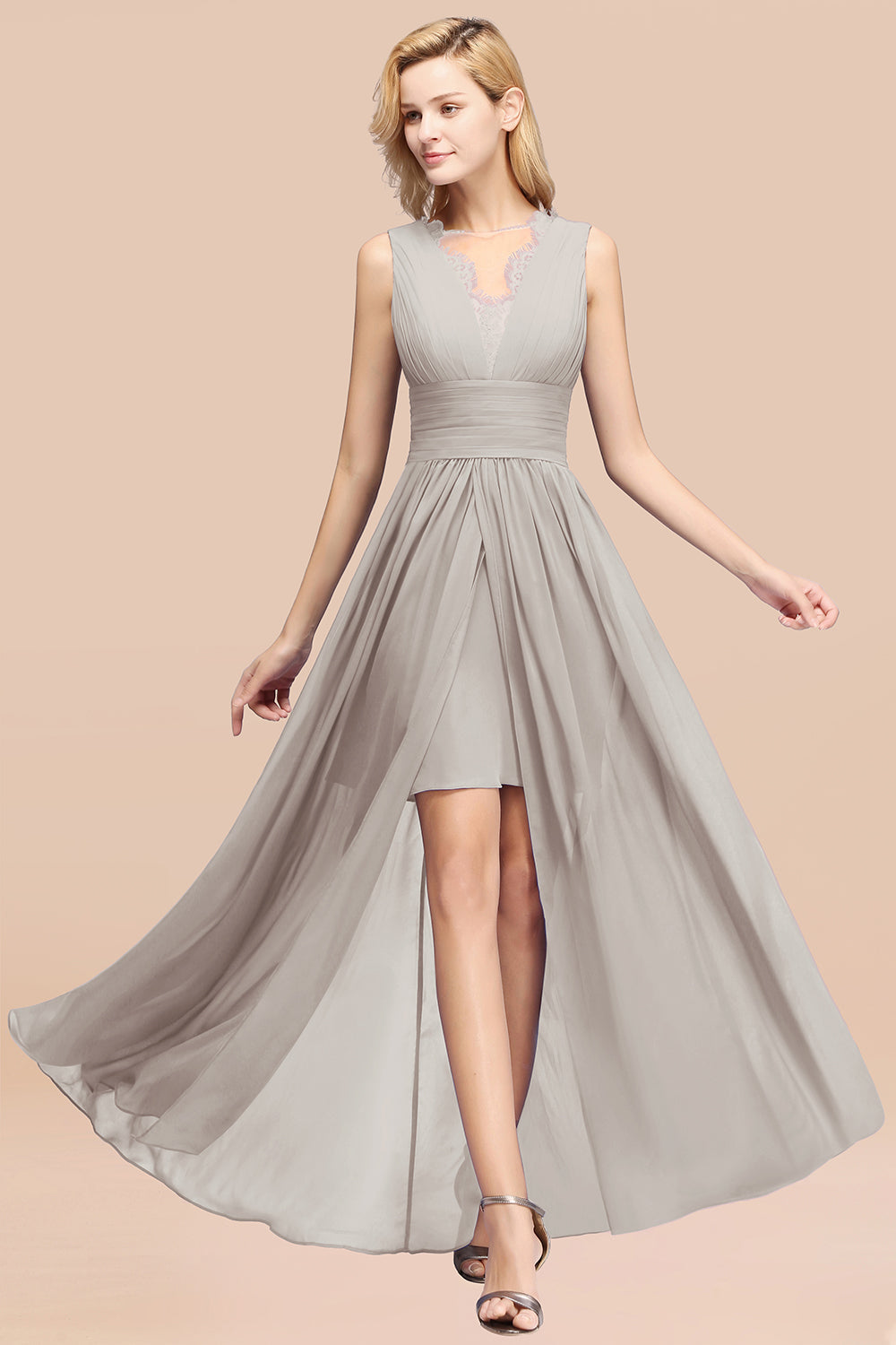 Elegant Chiffon Lace Jewel Sleeveless Bridesmaid Dress with Ruffle-Babyonlines