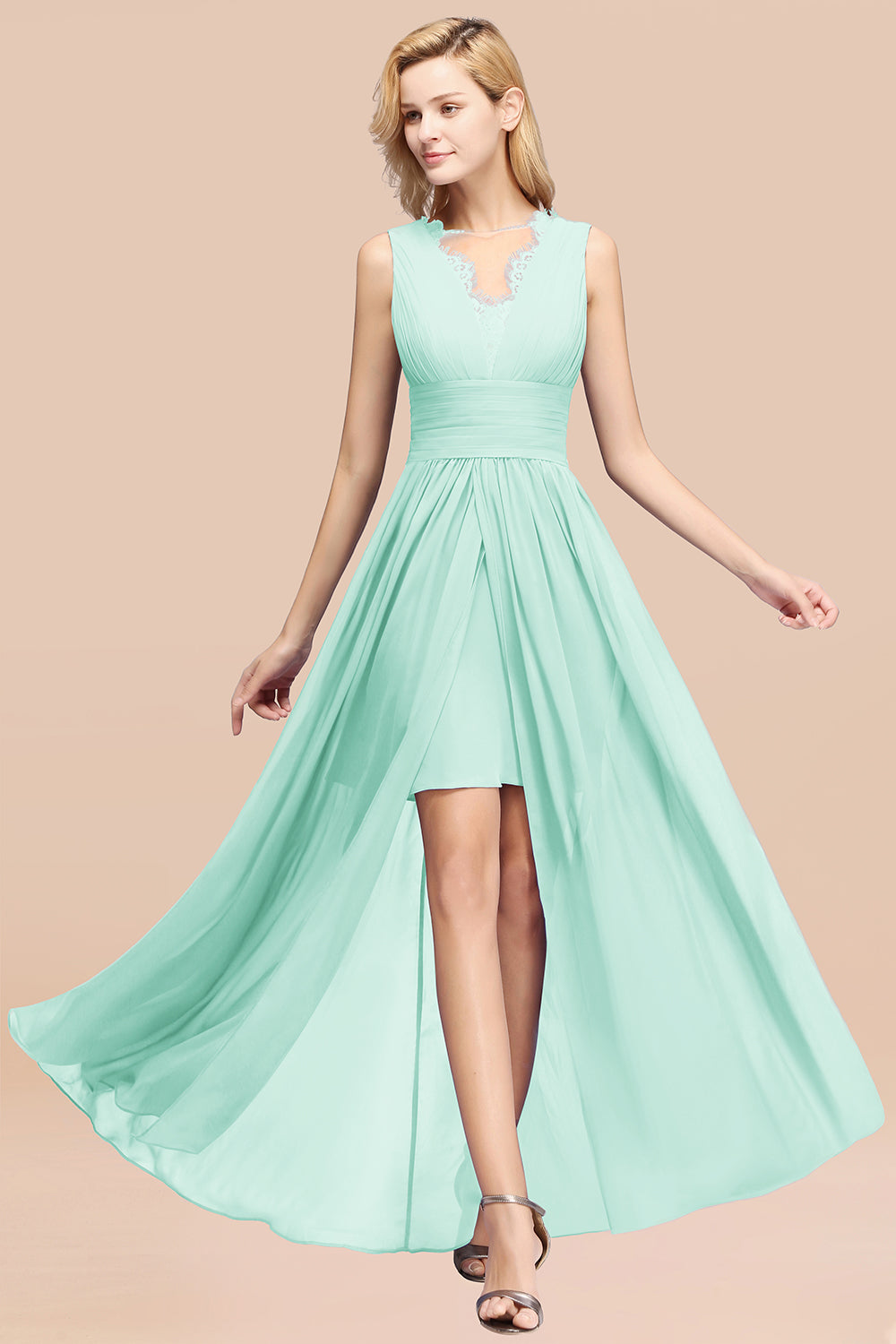 Elegant Chiffon Lace Jewel Sleeveless Bridesmaid Dress with Ruffle-Babyonlines