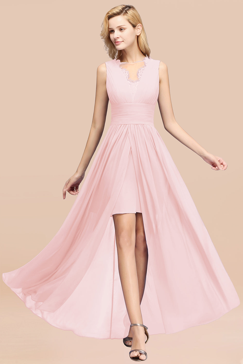 Elegant Chiffon Lace Jewel Sleeveless Bridesmaid Dress with Ruffle-Babyonlines