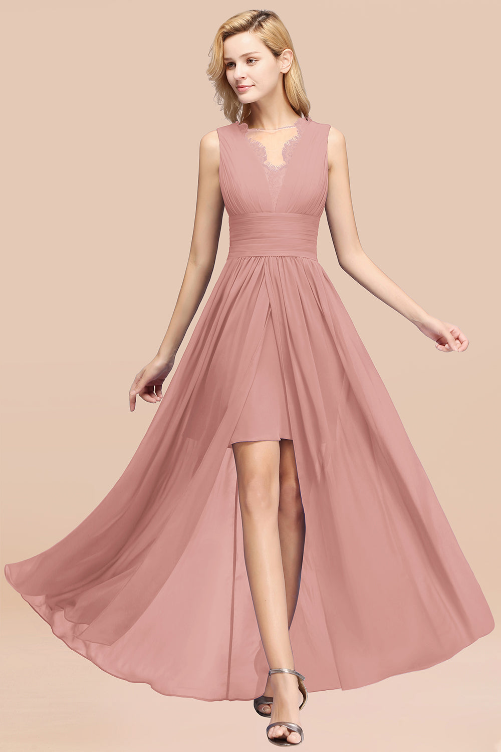 Elegant Chiffon Lace Jewel Sleeveless Bridesmaid Dress with Ruffle-Babyonlines